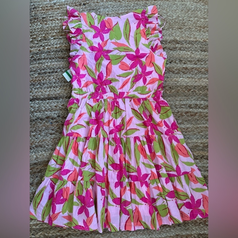 NEW Taylor Large Pink Tropical Floral Tiered Sleeveless Cotton Dress - Picture 2 of 9